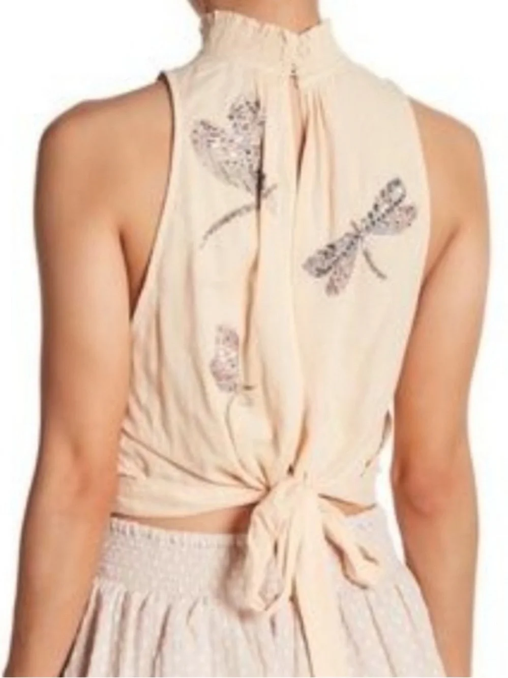 Free People "The Garden" top smocked mock neck sequin dragonfly embroidery S - Picture 2 of 10